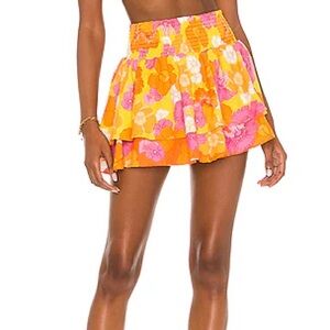 Agua Bendita Orange and Pink Floral Tiered Mini Skirt